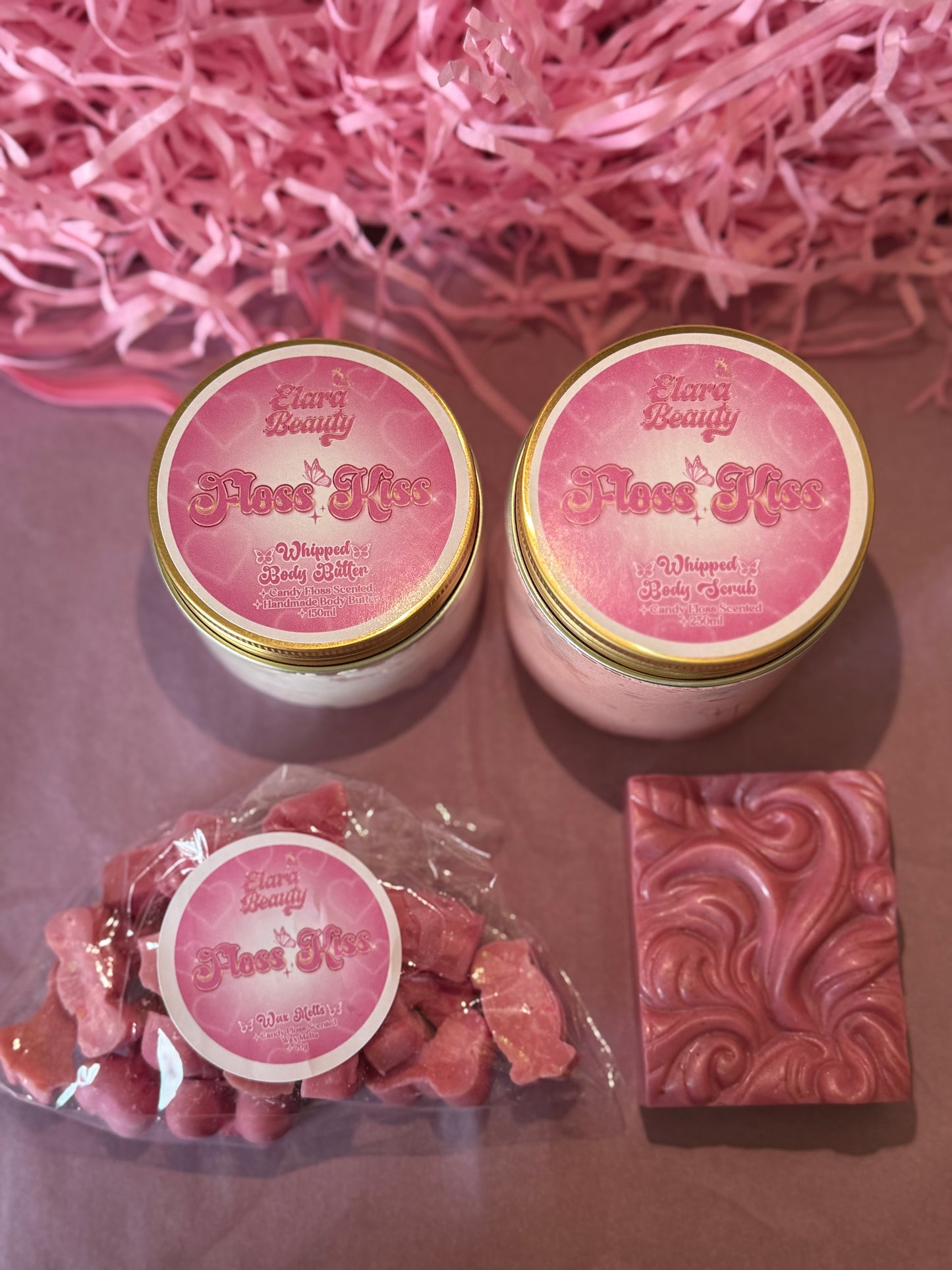 Floss Kiss Pamper Box 🍭💗 full self-care set – handmade soap, whipped body butter, whipped body scrub, wax melts & pink velvet scrunchie 🎀✨