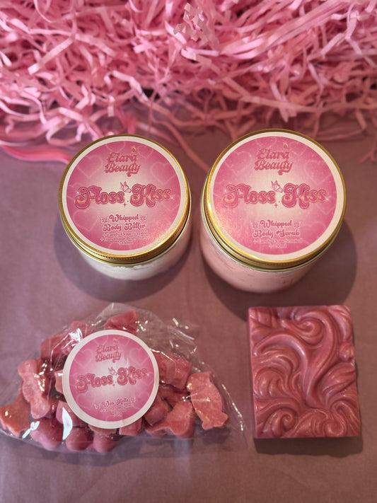 Floss Kiss Pamper Box 🍭💗 full self-care set – handmade soap, whipped body butter, whipped body scrub, wax melts & pink velvet scrunchie 🎀✨